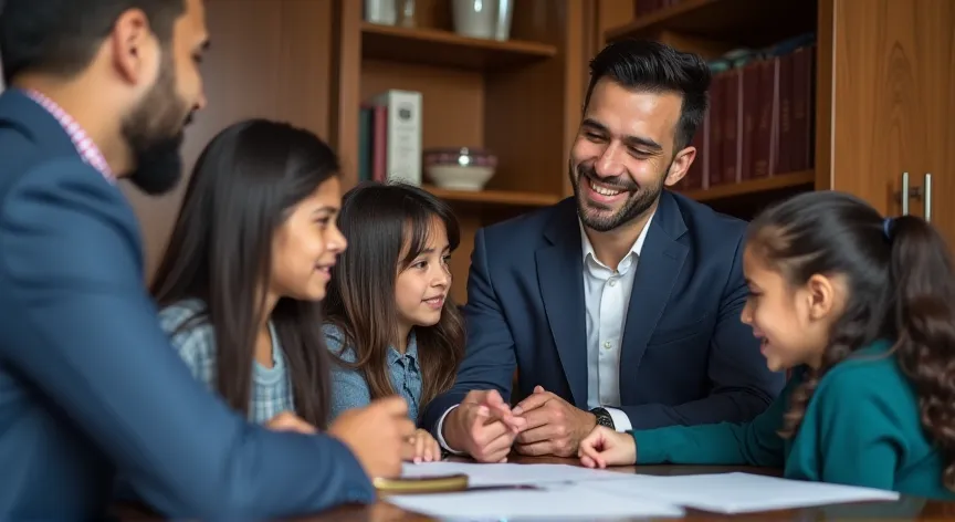 A Latino family working with a male attorney in a law office.