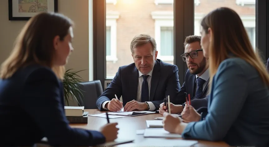 A young couple working with an attorney at a law firm