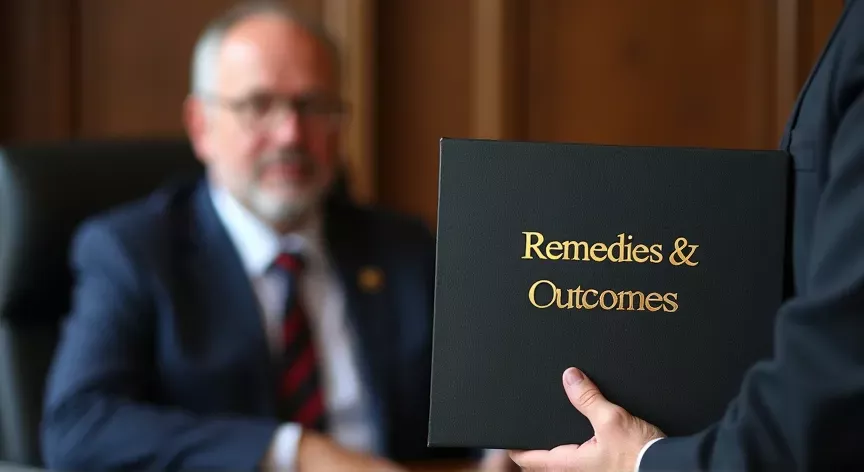 A balding middle aged man is sitting in a law firm with an attorney, the attorney is holding up a binder that reads 'remedies & outcomes' in gold embossed foil print.