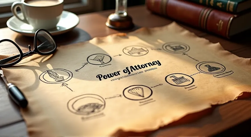 A close-up shot of an old, slightly curled parchment document with hand-drawn, illustrative diagrams and text about 'Power of Attorney-Frequently Asked Questions.