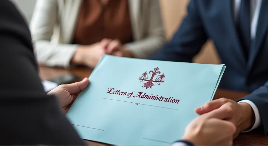 A couple sitting with an attorney in a law office, he is handing her a light blue manila folder, on the document is labeled 'letters of administration' in dark red print with a fancy legal logo.