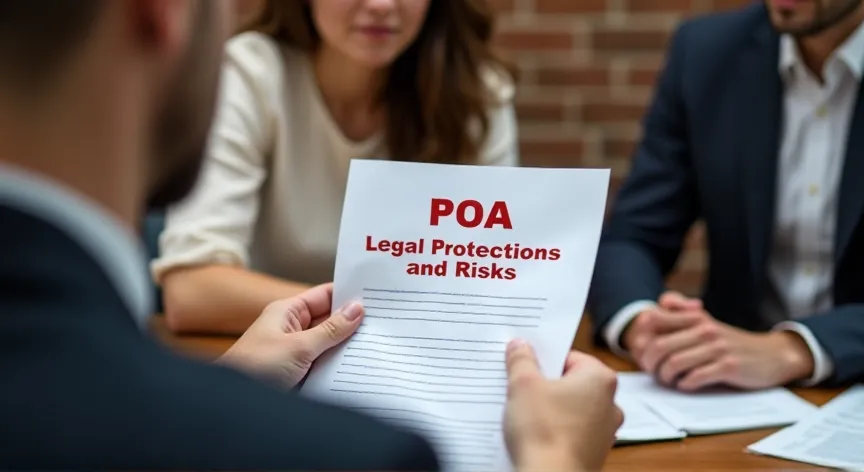 A couple sitting with an attorney in a law office, He is handing her a sheet of paper, on the document is labeled 'POA: Legal Protections and Risks' in block  red print.