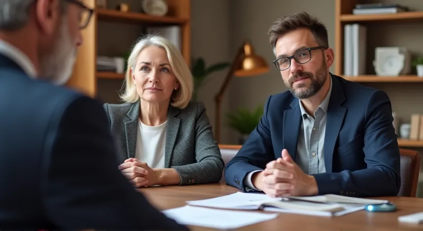A couple stressed about bankruptcy and having a meeting with an attorney in a law office.