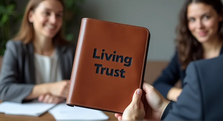 A family is sitting with an attorney, the couple are holding up a brown leather binder with the words 'Living Trust' embossed  in dark black.