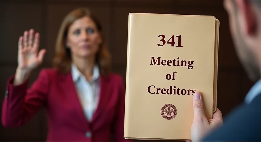 A lady standing with their rights hand up swearing to the judge sitting there is a person holding a light beige folder up with the words '341 meeting of creditors' printed in dark red print with a fancy logo.