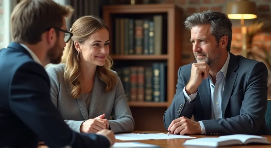 A middle aged couple stressed about bankruptcy and having a meeting with an attorney in a law office.