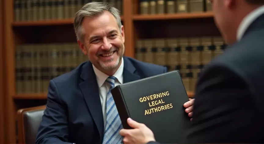A middle aged man is sitting in a law firm with an attorney, the attorney is holding up a binder that reads 'governing legal authorities' in gold embossed foil print.