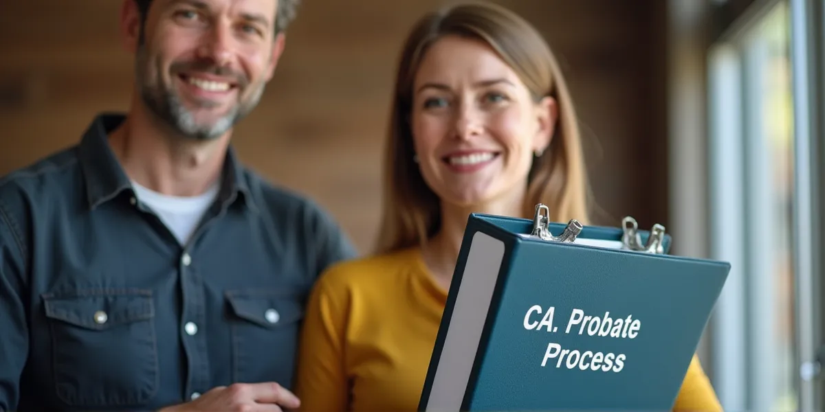 a middle aged married couple at a law office holding a binder that says 'ca. probate process'.