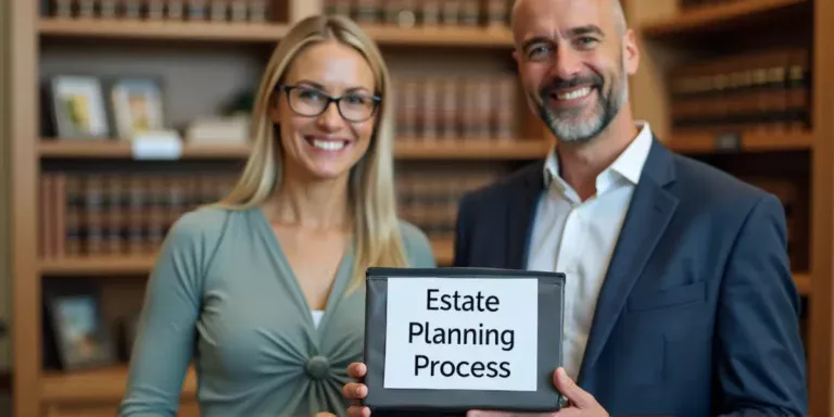 A middle aged married couple at a law office holding a binder that says 'Estate Planning Process'.