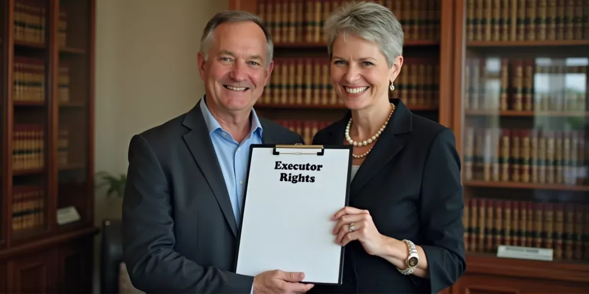 A middle aged married couple at a law office holding a binder that says 'Executor Rights'.