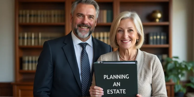 a middle aged married couple at a law office holding a binder that says 'planning an estate'