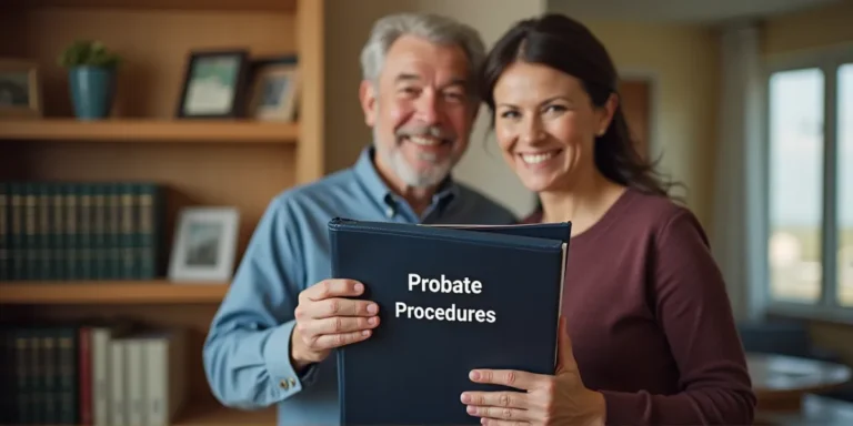 A middle aged married couple at a law office holding a binder that says 'Probate Procedures'.