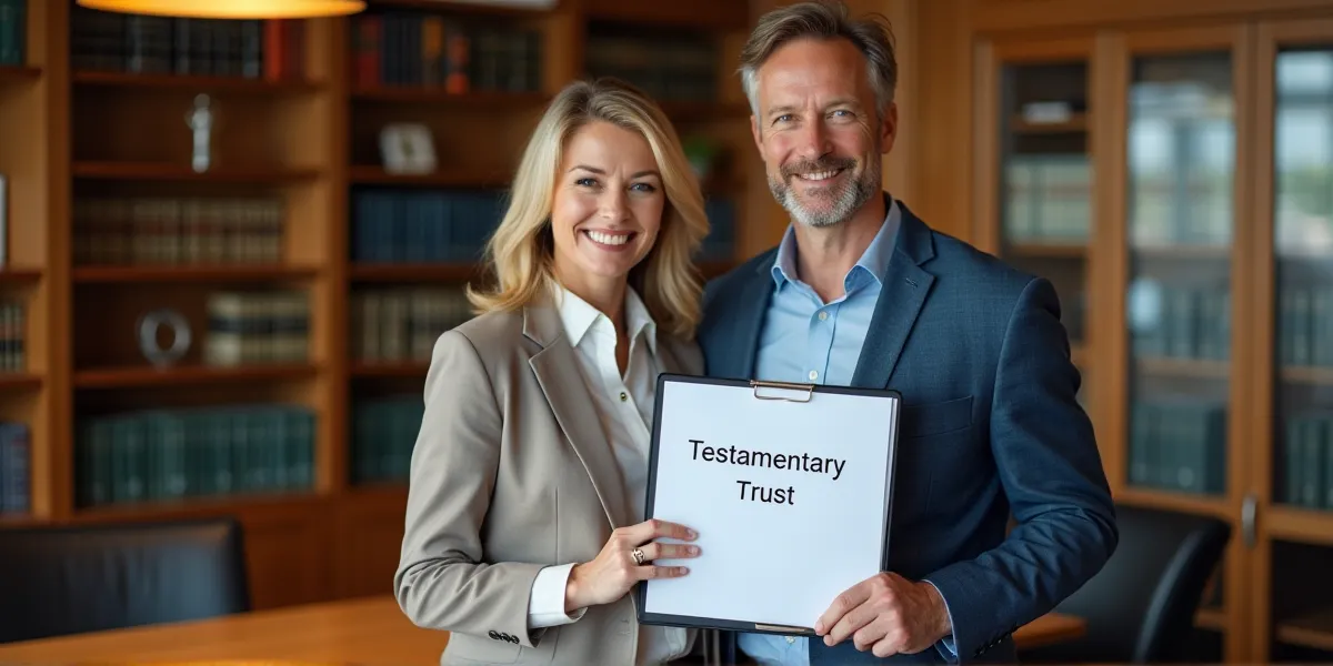 a middle aged married couple at a law office holding a binder that says 'testamentary trust'