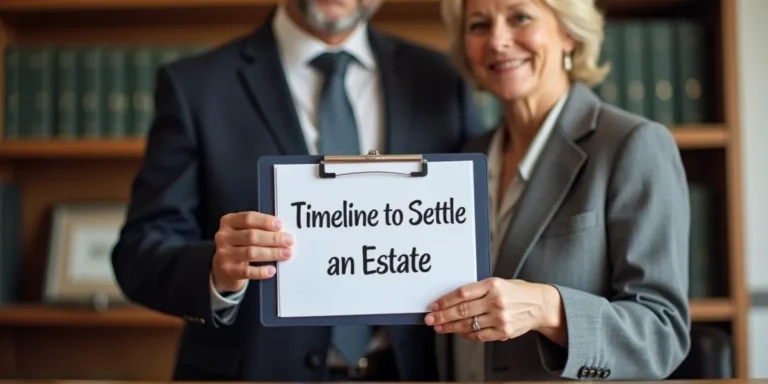 a middle aged married couple at a law office holding a binder that says 'timeline to settle an estate'.