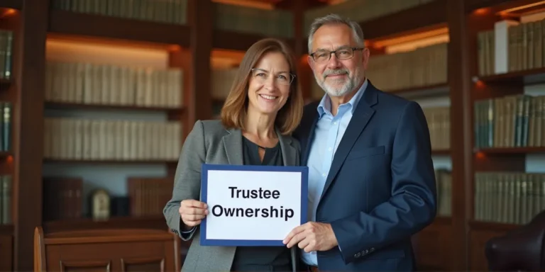a middle aged married couple at a law office holding a binder that says 'trustee ownership'