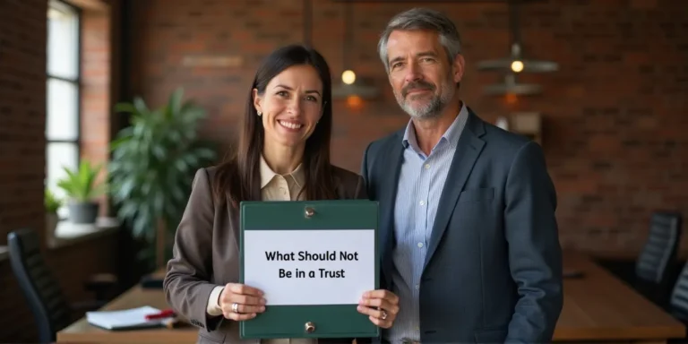 a middle aged married couple at a law office holding a binder that says 'what should not be in a trust'