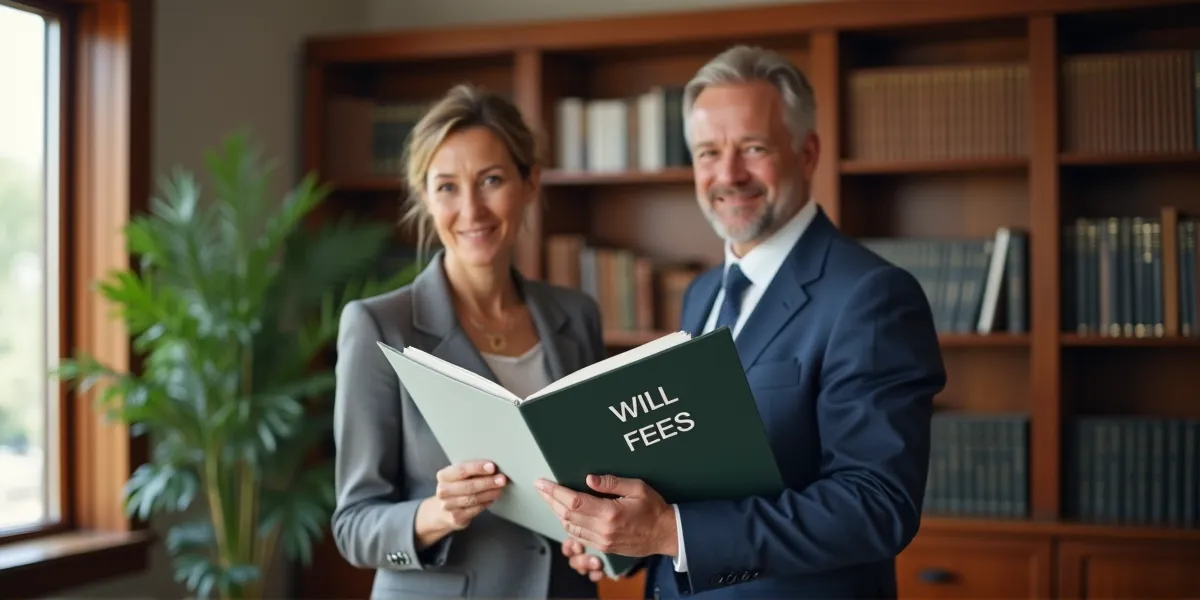 A middle aged married couple at a law office holding a binder that says 'Will Fees'.