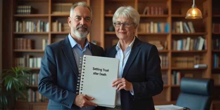 a sad middle aged married couple at a law office holding a binder that says 'settling a trust after death'