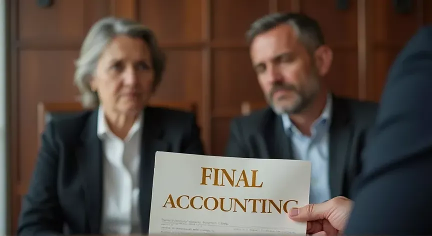 An upset middle aged couple are sitting in a law firm, the attorney is holding up a document that reads 'final accounting' in gold foil print