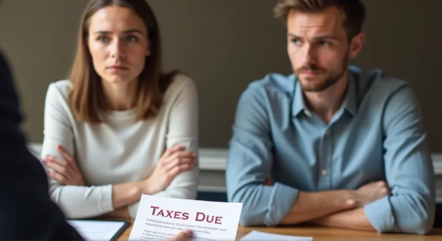  A very upset young couple with arms crossed  are  meeting with a lawyer to finalize estate planning documents paying off debts, with a paper displaying 'TAXES DUE' in red print.