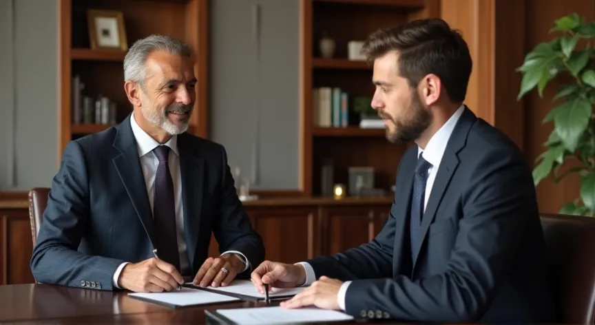A well dressed high net worth philanthropist working with an attorney at a law firm.