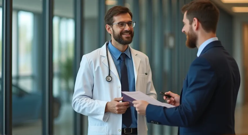 A well dressed medical professional working with an attorney at a law firm