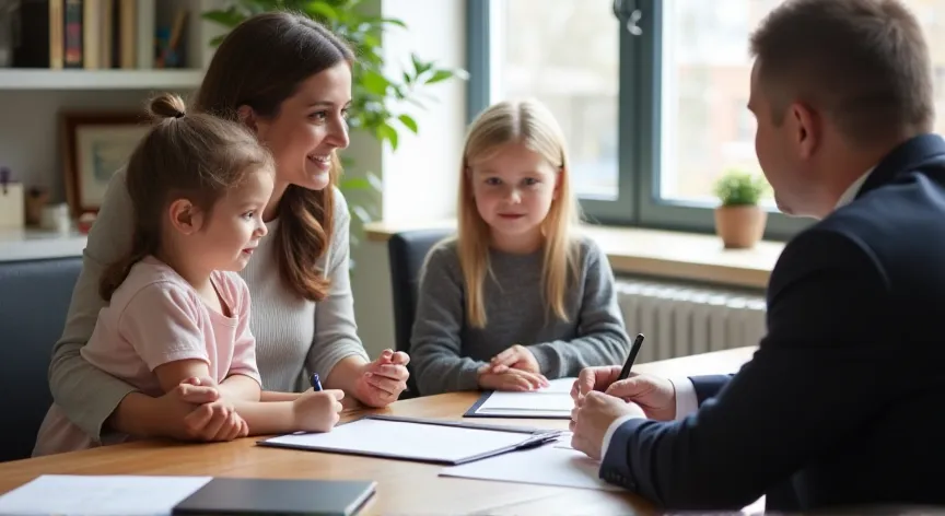 A  woman  with 2 children sitting with her attorney at a law office working on an estate plan about guardianship.