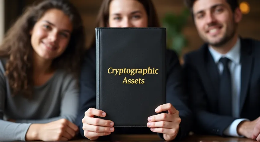 A young couple holding up a black leather binder that states 'cryptographic assets' in gold foil print while sitting with an attorney.