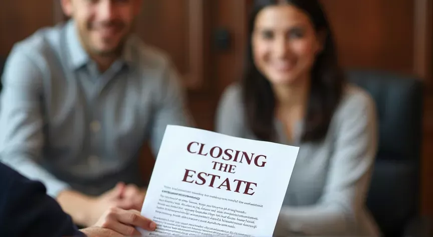 A young married couple are sitting in a law firm, the attorney is holding up a document that reads 'closing the estate' in dark red print.