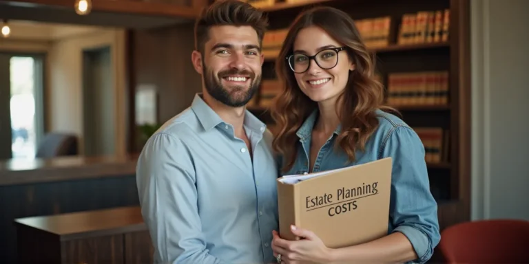 A young married couple at a law office holding a binder that says 'Estate Planning Costs'.