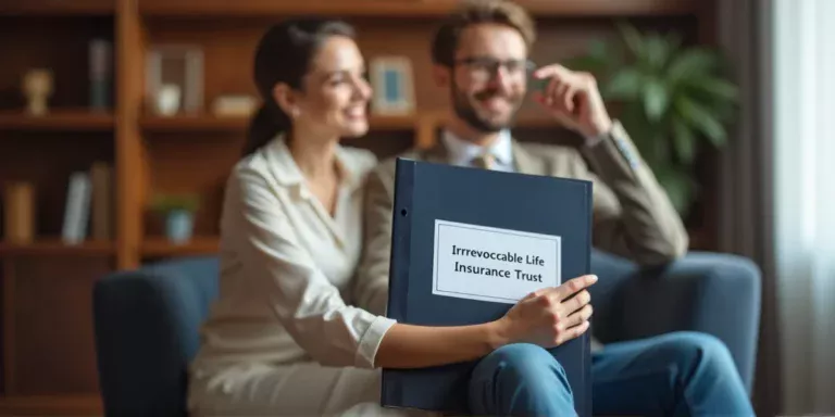 A young married couple at a law office holding a binder that says 'Irrevocable Life Insurance Trust'.