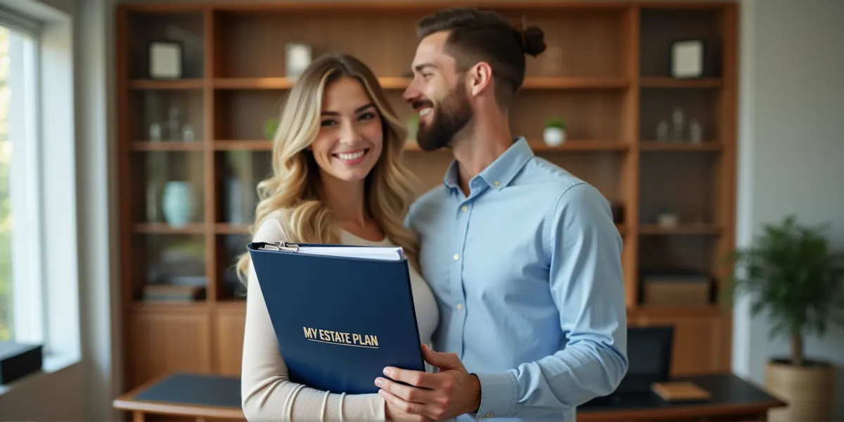 a young married couple at a law office holding a binder that says 'my estate plan'.
