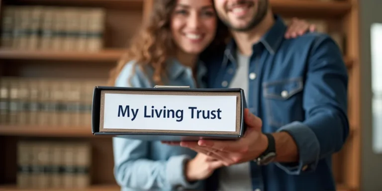 A young married couple at a law office holding a binder that says 'My Living Trust'.