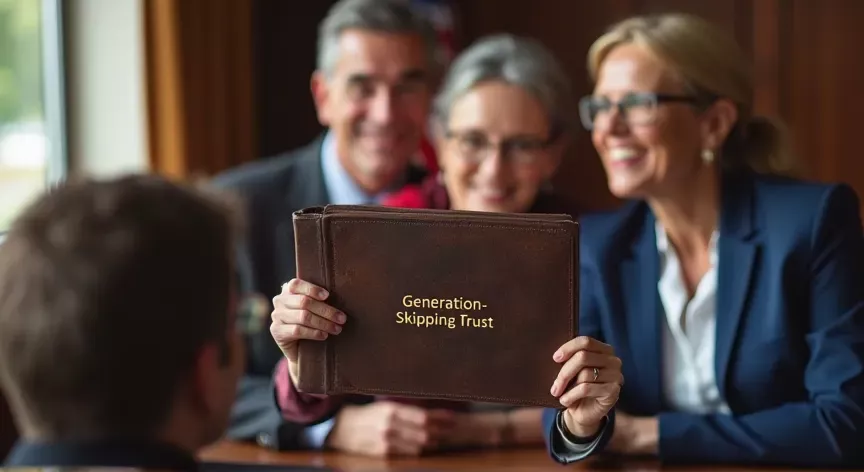 An couple are sitting with an attorney with an American flag in the background, they are holding up a leather binder labeled 'Generation-Skipping Trust' printed in gold print.