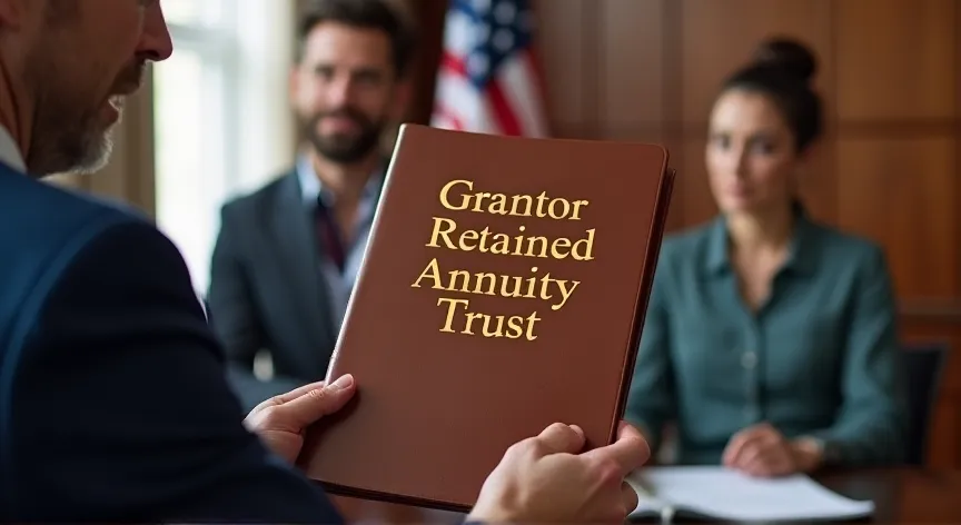 An couple are sitting with an attorney with an American flag in the background, they are holding up a leather binder labeled 'Grantor Retained Annuity Trust' printed in  gold foil print.