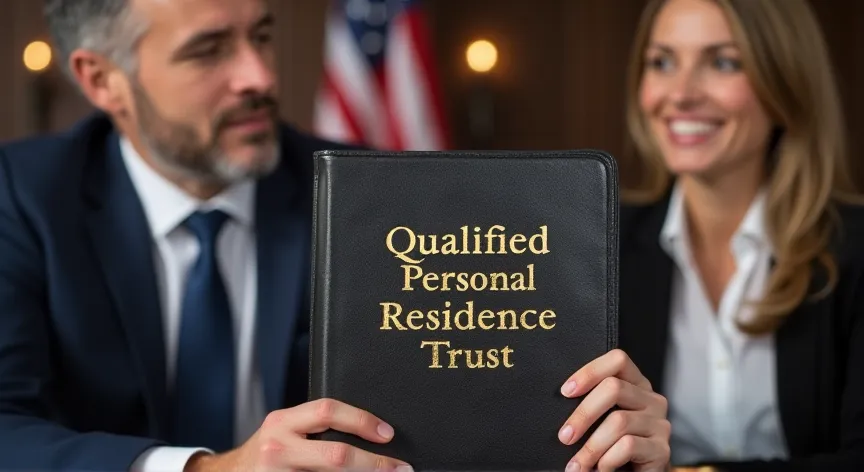 An couple are sitting with an attorney with an American flag in the background, they are holding up a leather binder labeled 'Qualified Personal Residence Trust ' printed in  gold foil print.