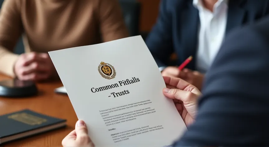An couple are sitting with an attorney with law books sitting on the desk, they are holding up  paper pamphlet labeled 'Common Pitfalls - Trusts' printed in black foil with a fancy logo with gold foil embossing.