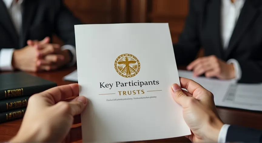 An couple are sitting with an attorney with law books sitting on the desk, they are holding up  paper pamphlet labeled 'Key Participants - Trusts' printed in gold foil with a fancy logo.