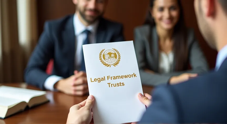 An couple are sitting with an attorney with law books sitting on the desk, they are holding up  paper pamphlet labeled 'Legal Framework - Trusts' printed in gold foil with a fancy logo.
