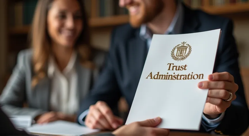 An couple are sitting with an attorney with law books sitting on the desk, they are holding up  paper pamphlet labeled 'Trust Administration' printed in black foil with a fancy gold logo embossed.