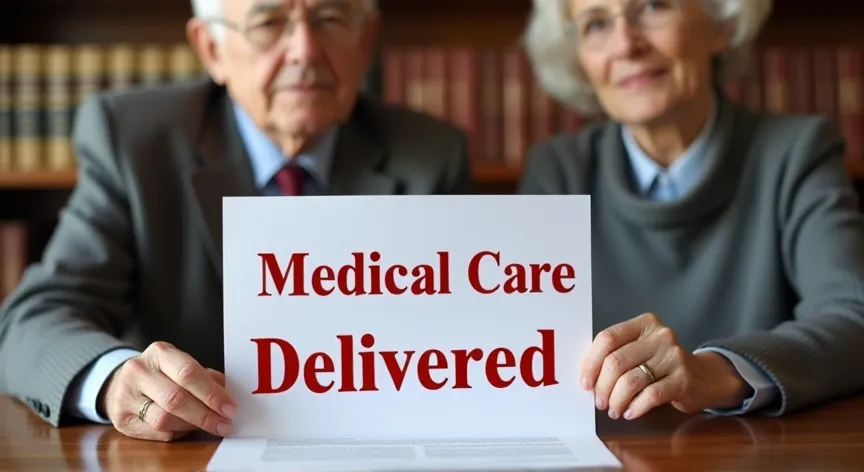 An elderly Couple is sitting at a law firm with Law Books in the background , they are holding a document labeled 'Medical Care Delivered', in  Bold red Ink.