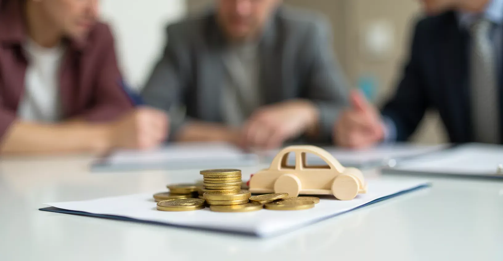  An elderly couple meeting with a lawyer to finalize estate planning documents for Assets with a  wooden car and gold coins are sitting on the desk.