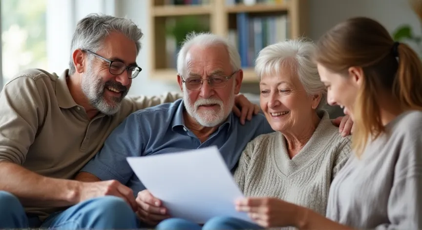 An elderly couple sitting on a couch with their adult children looking at legal paperwork.