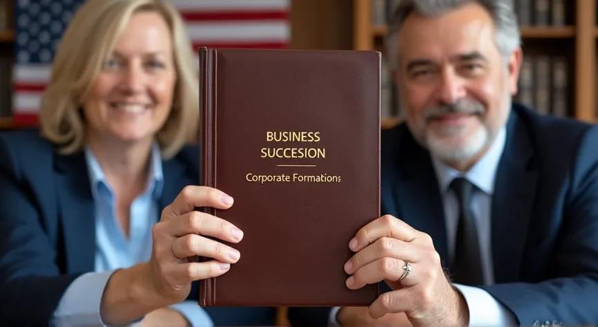 An middle aged couple are sitting with an attorney with an American flag in the background, they are holding up a leather binder labeled 'Business Succession - Corporate Formations' printed in  gold foil.