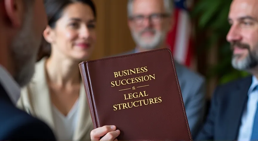 An middle aged couple are sitting with an attorney with an American flag in the background, they are holding up a leather binder labeled 'Business Succession - Legal Structures' printed in gold foil embossing.
