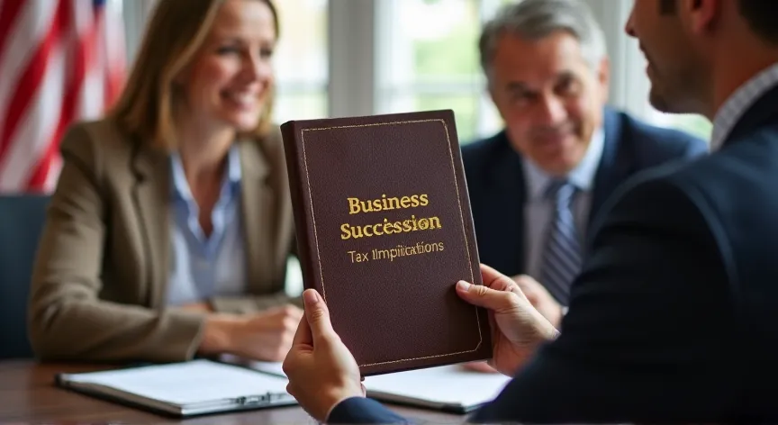 An middle aged couple are sitting with an attorney with an American flag in the background, they are holding up a leather binder labeled 'Business Succession - Tax Implications' printed in  gold foil.
