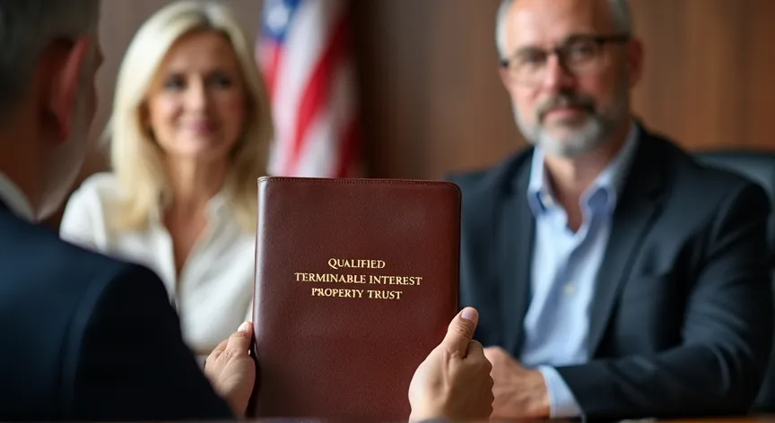 An middle aged couple are sitting with an attorney with an American flag in the background, they are holding up a leather binder labeled 'Qualified Terminable Interest Property Trust' printed in  gold foil embossing