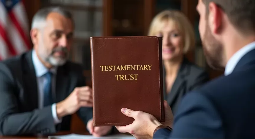 An middle aged couple are sitting with an attorney with an American flag in the background, they are holding up a leather binder labeled 'Testamentary Trust' printed in gold foil embossing print.