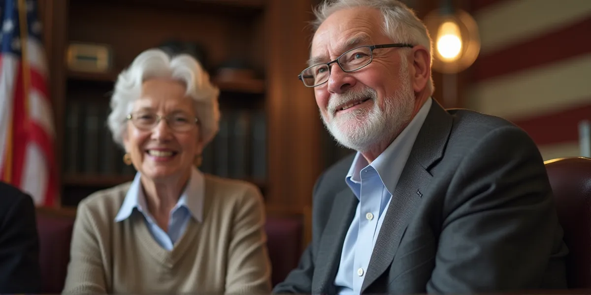 elderly people at a law office with an american flag