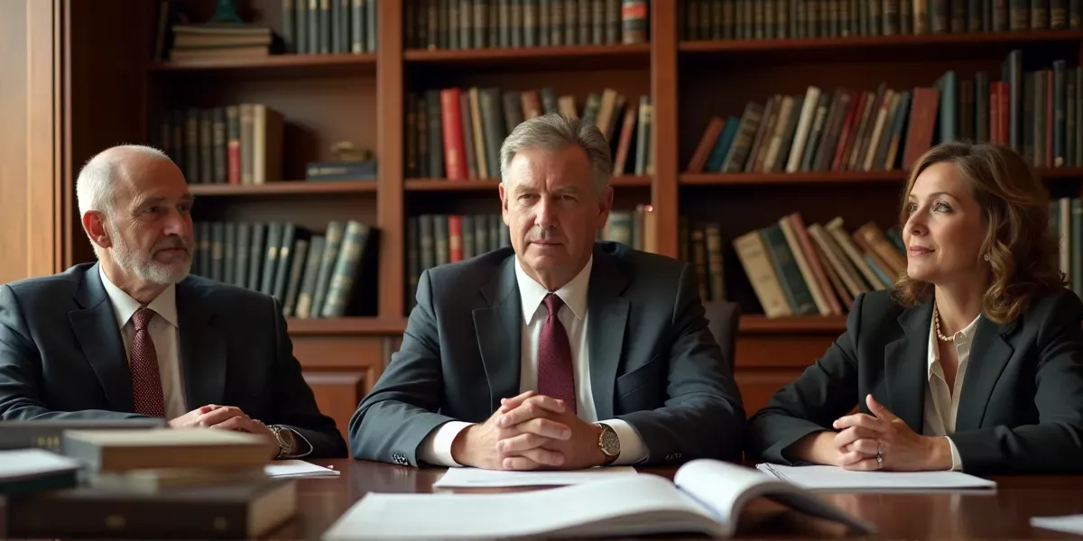 people at a law office rich colors of a lw office with legal books and executore papers